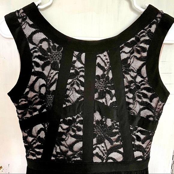 Morgan & Co. Black Swing Dress Lace Bodice with Nude Underlay Pleated Skirt 3/4 - Picture 3 of 13